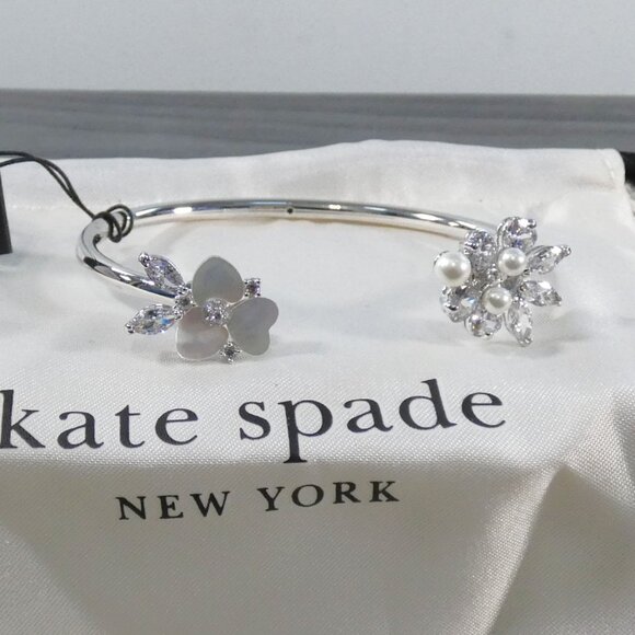 NWT kate spade new york Precious Pansy Flex Cuff, Cream/Silver, One Size - Picture 5 of 10